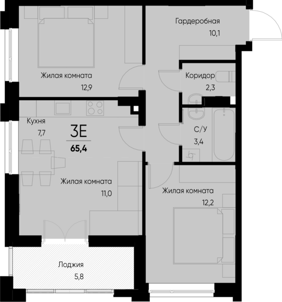 евро 3 к.кв. №39 65,4 м2 от застройщика ГК ТОЧНО