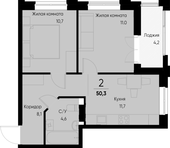 2-комнатная квартира №5 50,3 м2 от застройщика ГК ТОЧНО