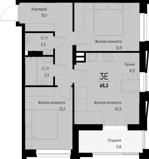 евро 3 к.кв. №13 65,2 м2 от застройщика ГК ТОЧНО