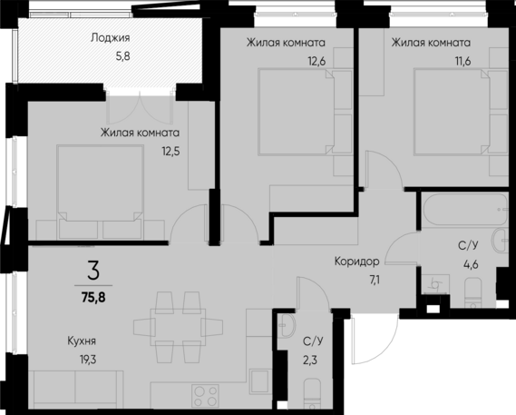 3-комнатная квартира №28 75,8 м2 от застройщика ГК ТОЧНО