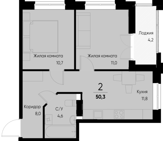 2-комнатная квартира №29 50,3 м2 от застройщика ГК ТОЧНО