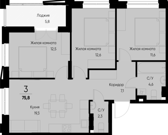 3-комнатная квартира №33 75,8 м2 от застройщика ГК ТОЧНО