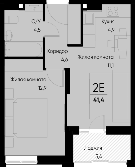 евро 2 к.кв. №25 41,4 м2 от застройщика ГК ТОЧНО