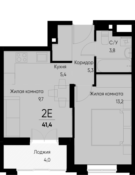 евро 2 к.кв. №12 41,4 м2 от застройщика ГК ТОЧНО