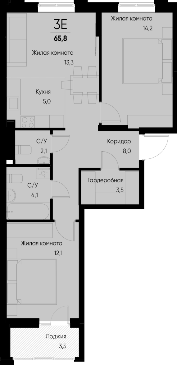 евро 3 к.кв. №28 65,8 м2 от застройщика ГК ТОЧНО