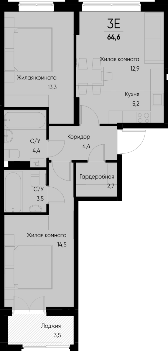 евро 3 к.кв. №50 64,4 м2 от застройщика ГК ТОЧНО