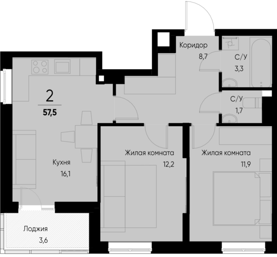 2-комнатная квартира №77 57,5 м2 от застройщика ГК ТОЧНО