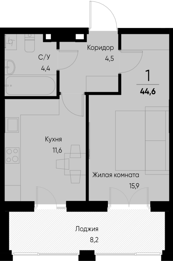 1-комнатная квартира №26 40,5 м2 от застройщика ГК ТОЧНО