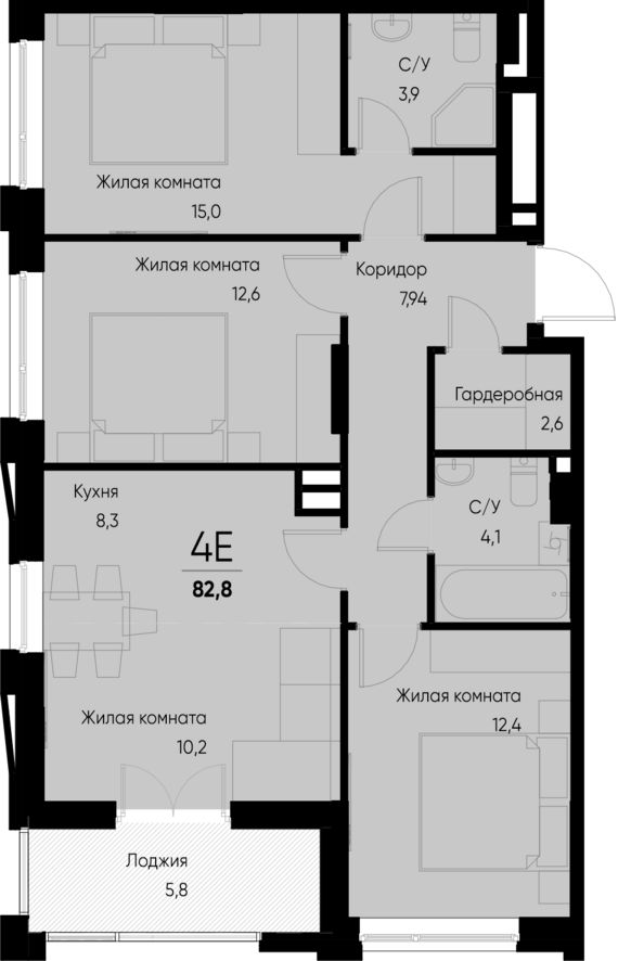 евро 4 к.кв. №15 79,9 м2 от застройщика ГК ТОЧНО
