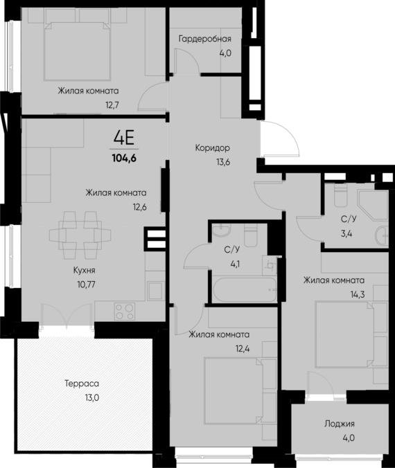 4-комнатная квартира №32 93,5 м2 от застройщика ГК ТОЧНО