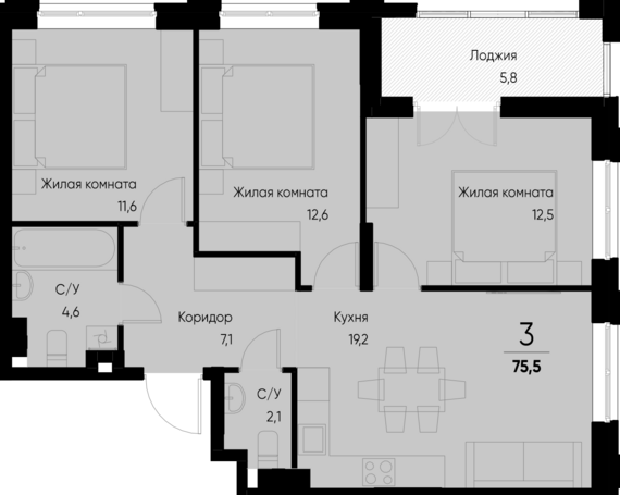 3-комнатная квартира №5 72,6 м2 от застройщика ГК ТОЧНО