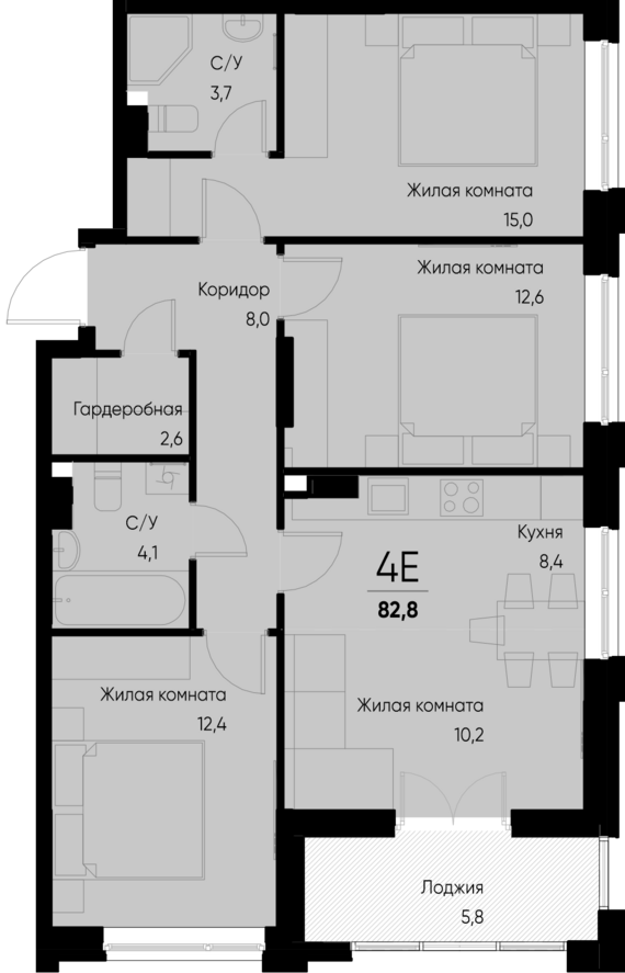 евро 4 к.кв. №6 79,9 м2 от застройщика ГК ТОЧНО
