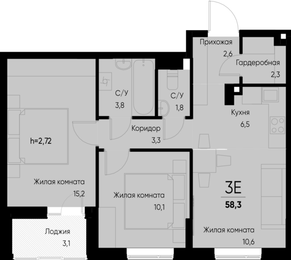 евро 3 к.кв. №27 56,8 м2 от застройщика ГК ТОЧНО