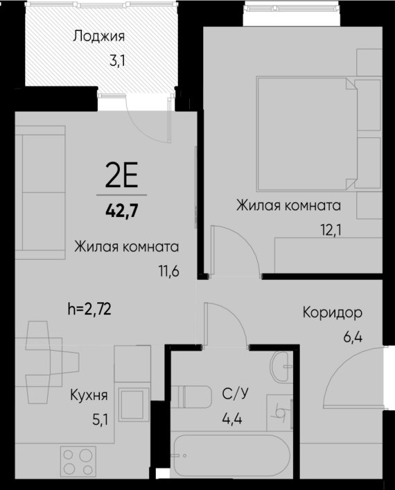 евро 2 к.кв. №28 41,2 м2 от застройщика ГК ТОЧНО