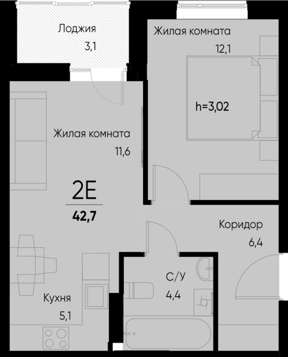 евро 2 к.кв. №40 41,2 м2 от застройщика ГК ТОЧНО