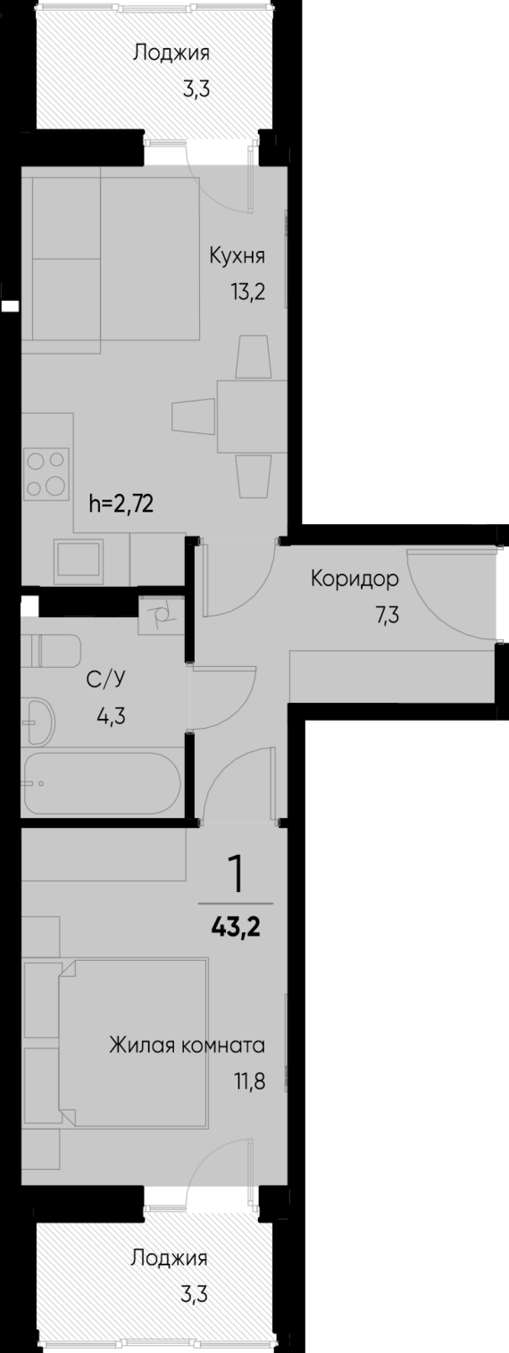 1-комнатная квартира №67 40 м2 от застройщика ГК ТОЧНО
