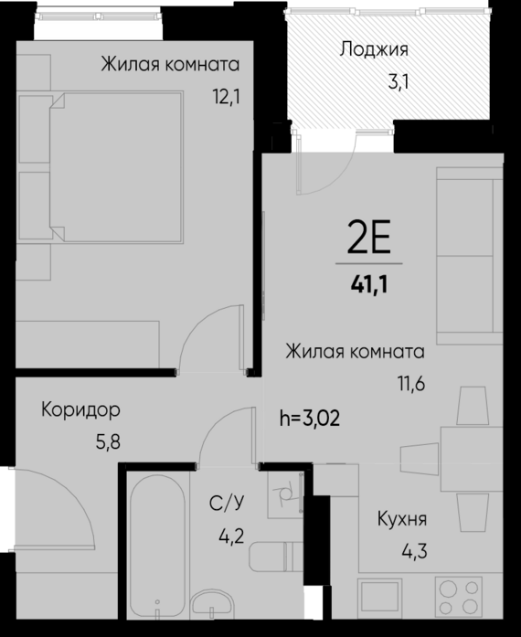 евро 2 к.кв. №81 39,6 м2 от застройщика ГК ТОЧНО