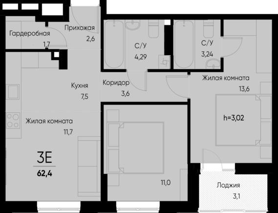 евро 3 к.кв. №82 60,8 м2 от застройщика ГК ТОЧНО