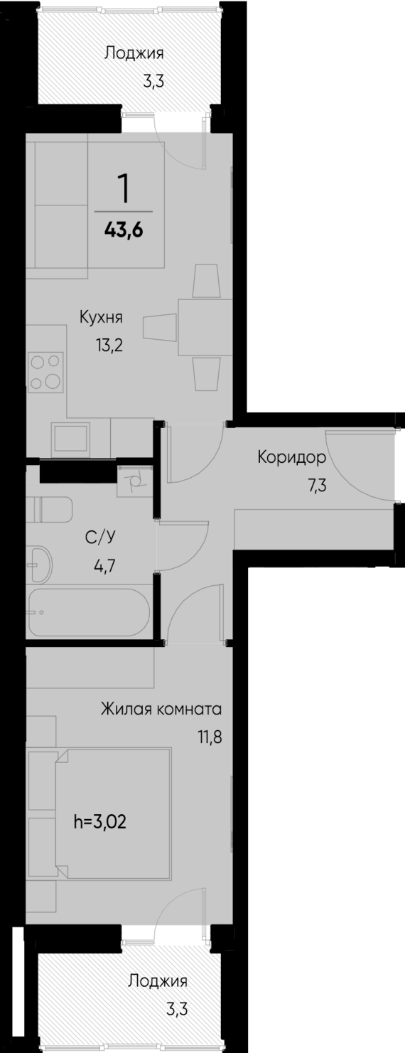1-комнатная квартира №85 40,4 м2 от застройщика ГК ТОЧНО