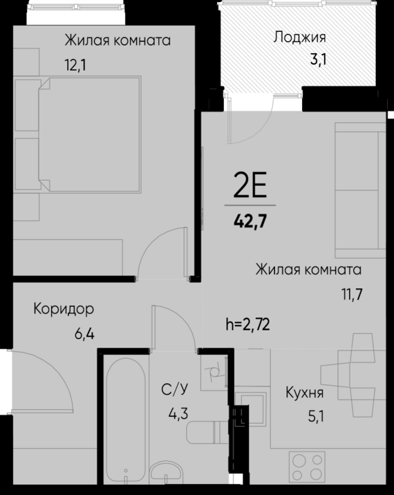 евро 2 к.кв. №91 41,1 м2 от застройщика ГК ТОЧНО
