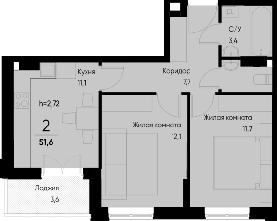 2-комнатная квартира №118 49,8 м2 от застройщика ГК ТОЧНО