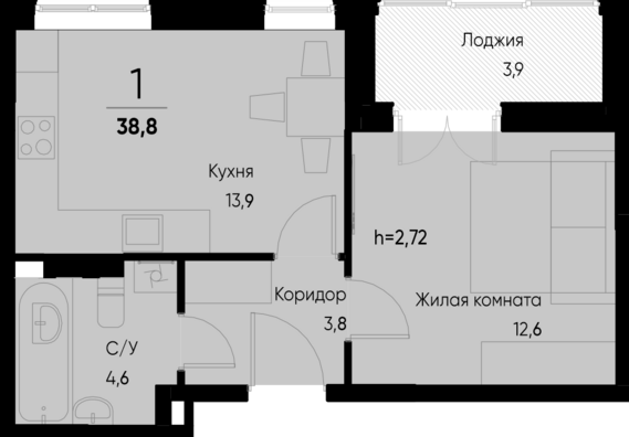 1-комнатная квартира №108 38,7 м2 от застройщика ГК ТОЧНО