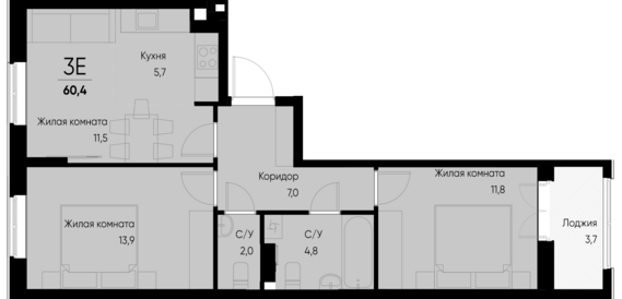 евро 3 к.кв. №5 58,6 м2 от застройщика ГК ТОЧНО