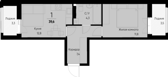 1-комнатная квартира №45 39,8 м2 от застройщика ГК ТОЧНО