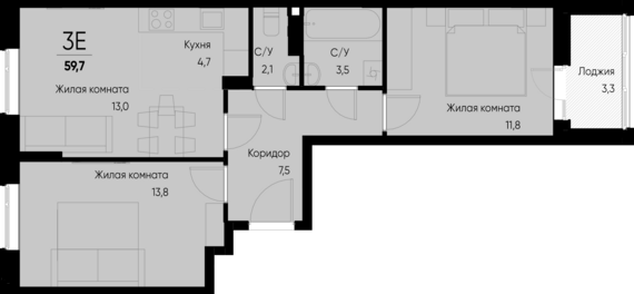 евро 3 к.кв. №62 58,1 м2 от застройщика ГК ТОЧНО