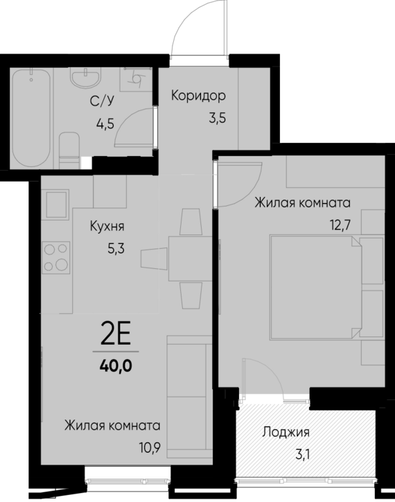 евро 2 к.кв. №78 38,5 м2 от застройщика ГК ТОЧНО