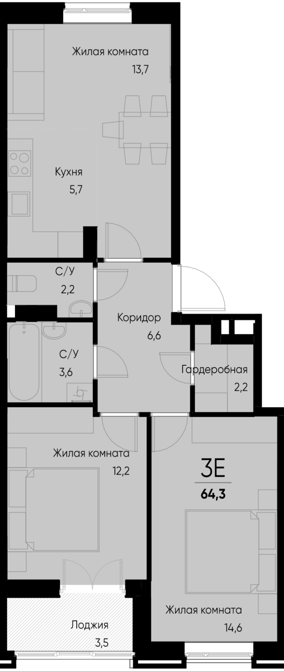 евро 3 к.кв. №97 62,6 м2 от застройщика ГК ТОЧНО