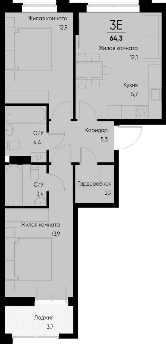 евро 3 к.кв. №108 62,5 м2 от застройщика ГК ТОЧНО