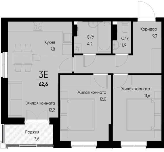 евро 3 к.кв. №136 60,8 м2 от застройщика ГК ТОЧНО