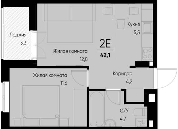 евро 2 к.кв. №157 40,5 м2 от застройщика ГК ТОЧНО