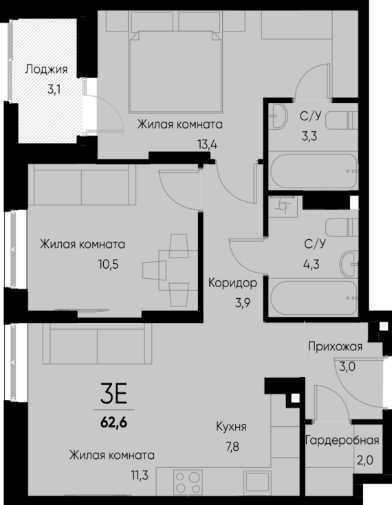 евро 3 к.кв. №27 61,1 м2 от застройщика ГК ТОЧНО