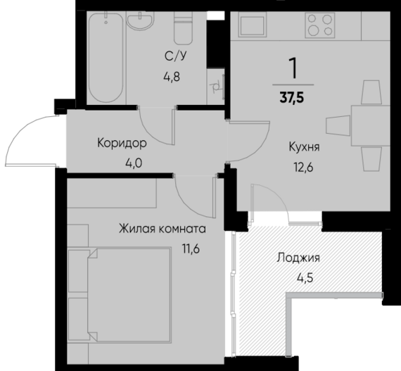 1-комнатная квартира №45 35,3 м2 от застройщика ГК ТОЧНО