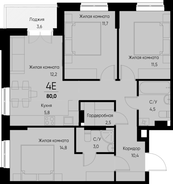 евро 4 к.кв. №63 78,2 м2 от застройщика ГК ТОЧНО