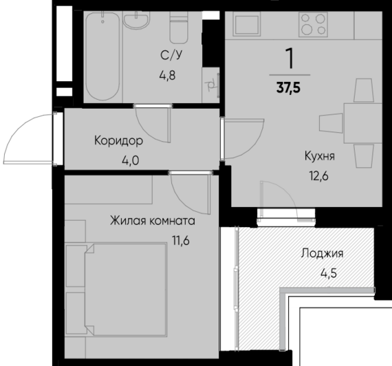 1-комнатная квартира №75 35,3 м2 от застройщика ГК ТОЧНО