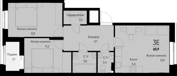 евро 3 к.кв. №76 64,4 м2 от застройщика ГК ТОЧНО