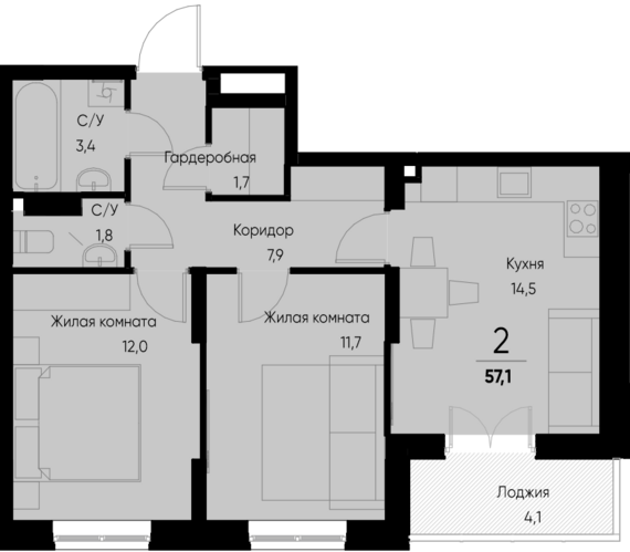 2-комнатная квартира №83 55,2 м2 от застройщика ГК ТОЧНО