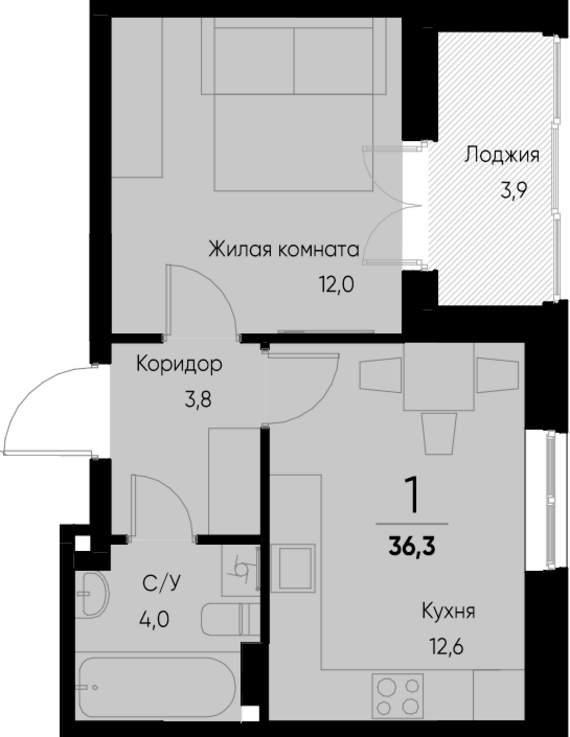1-комнатная квартира №17 34,4 м2 от застройщика ГК ТОЧНО