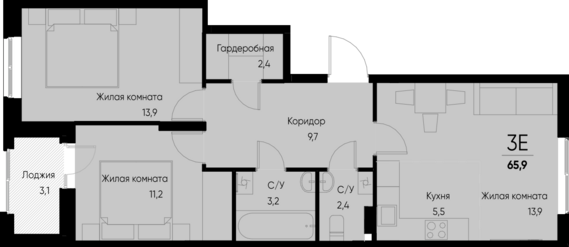 евро 3 к.кв. №56 64,4 м2 от застройщика ГК ТОЧНО
