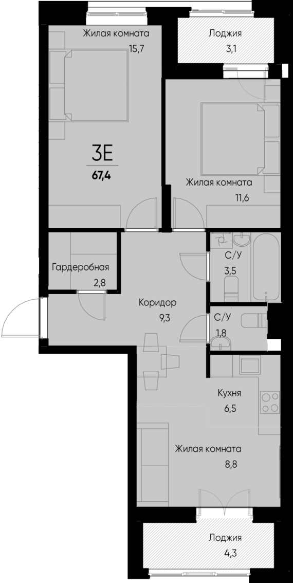 евро 3 к.кв. №74 63,8 м2 от застройщика ГК ТОЧНО