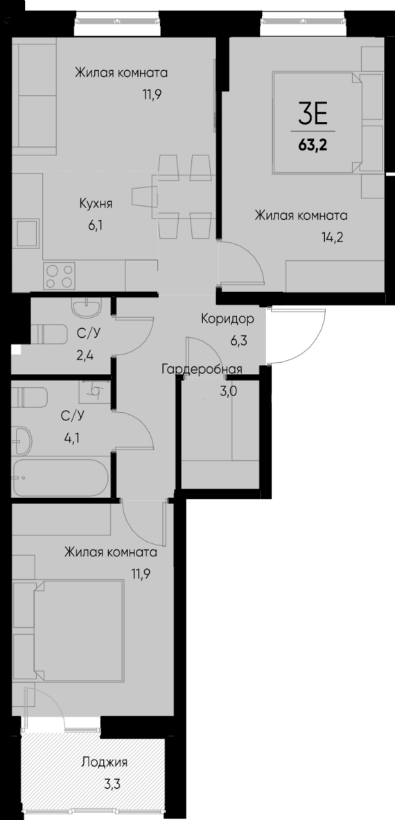 евро 3 к.кв. №111 61,6 м2 от застройщика ГК ТОЧНО