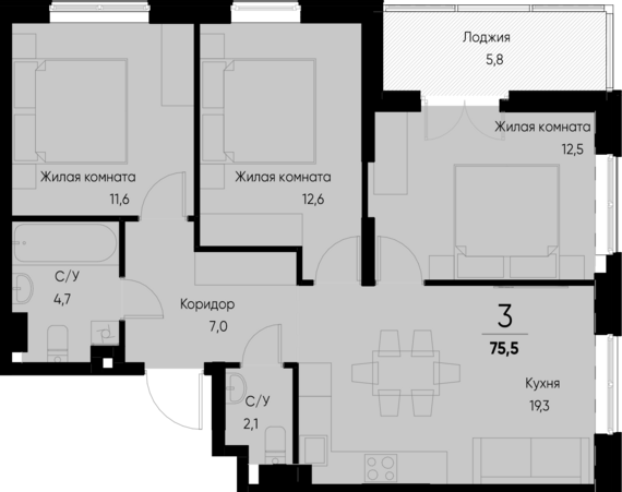 3-комнатная квартира №5 72,6 м2 от застройщика ГК ТОЧНО