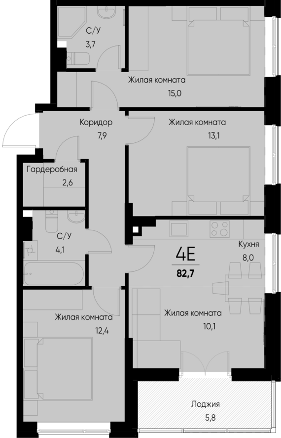евро 4 к.кв. №12 79,8 м2 от застройщика ГК ТОЧНО