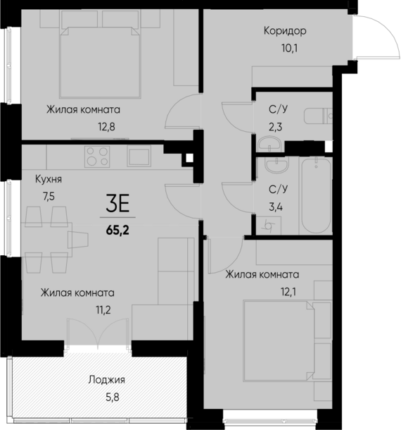 евро 3 к.кв. №26 62,3 м2 от застройщика ГК ТОЧНО