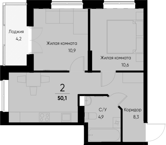 2-комнатная квартира №22 48 м2 от застройщика ГК ТОЧНО
