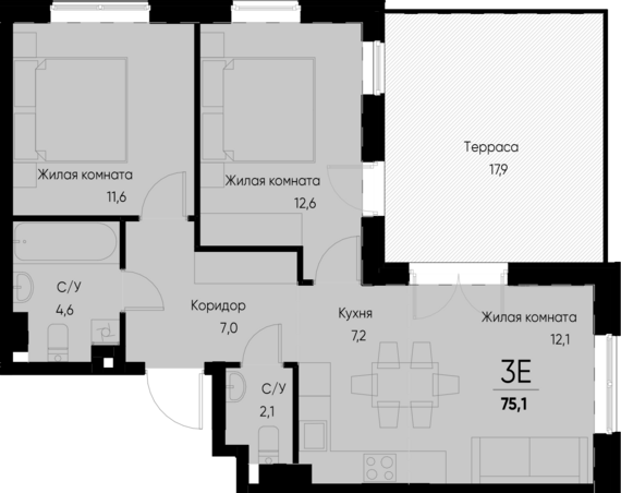 3-комнатная квартира №35 62,6 м2 от застройщика ГК ТОЧНО