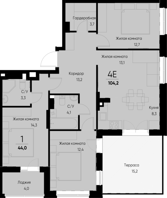 4-комнатная квартира №36 91,6 м2 от застройщика ГК ТОЧНО